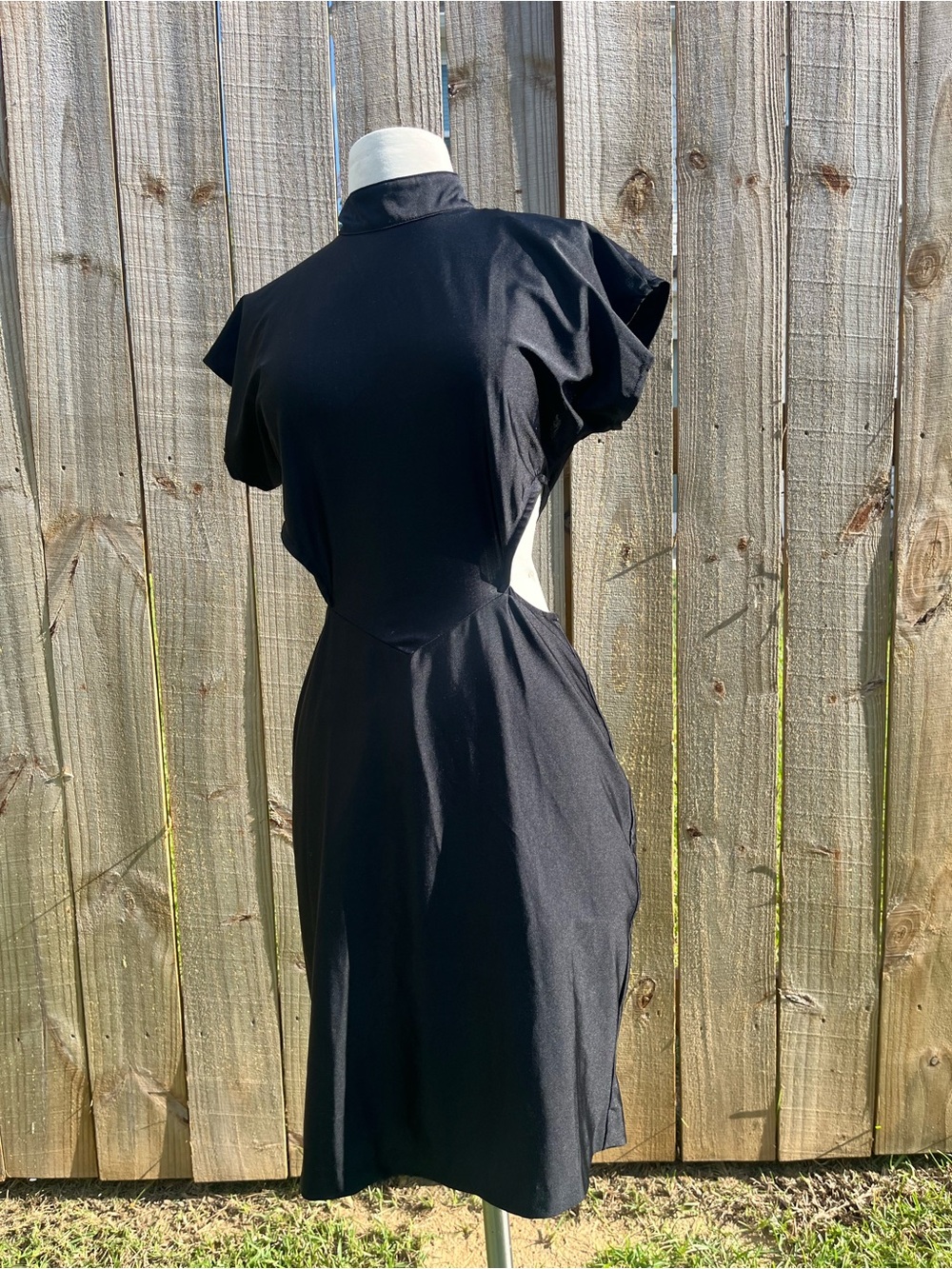 High-Neck Black Midi Dress with Cap Sleeves